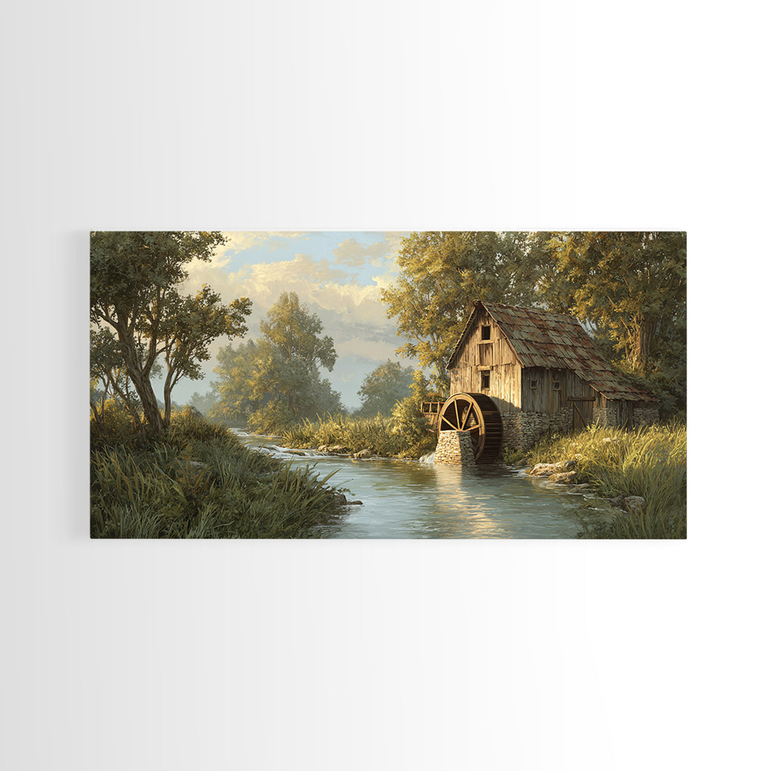 Rustic Watermill On River Landscape Oil Painting Canvas Print Wall Art For Cozy Farmhouse Home Decor