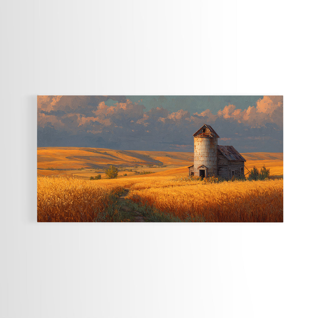 Rustic Barn In Golden Wheat Field Landscape Painting Beautiful Country Scene Wall Art Framed Canvas Print For Farmhouse Decor