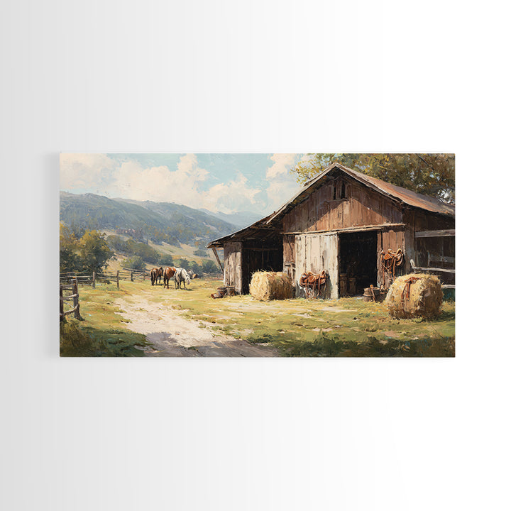 Rustic Western Hay Bales And Horses In Countryside Oil Painting Canvas Print For Farmhouse Wall Art And Country Home Decor