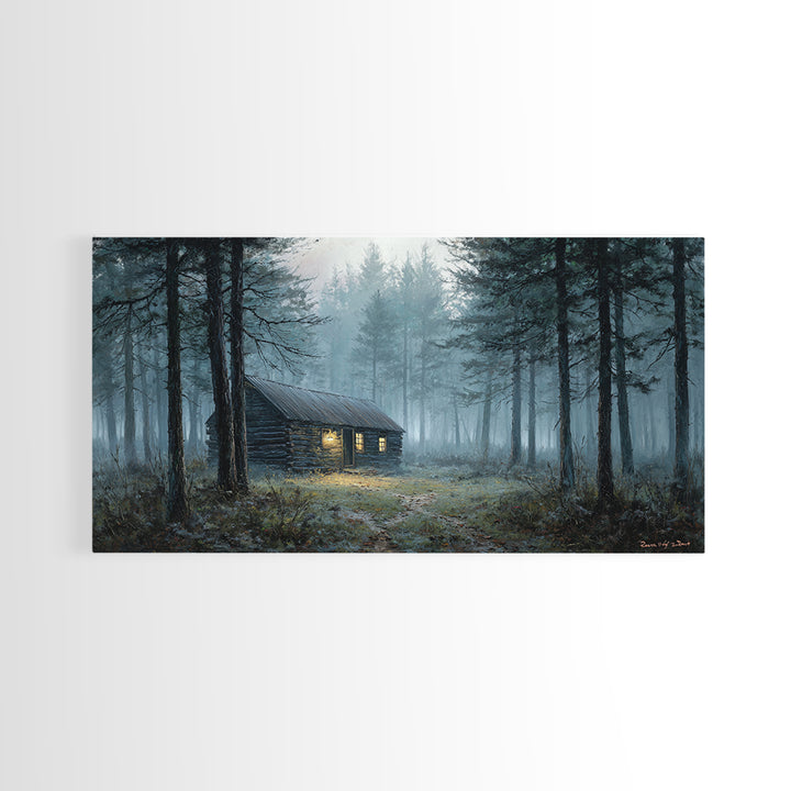 Misty Forest Cabin Landscape Wall Art Framed Canvas Print Cozy Rustic Home Decor Nature Painting