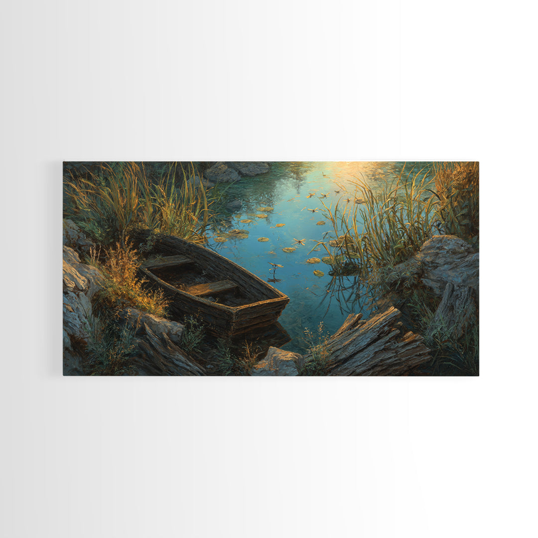 Rustic Oil Painting Capturing Quiet Lakeside With Old Wooden Boat Among Calm Water And Rocks Serene Nature Wall Art For Home Decor Framed Canvas Print