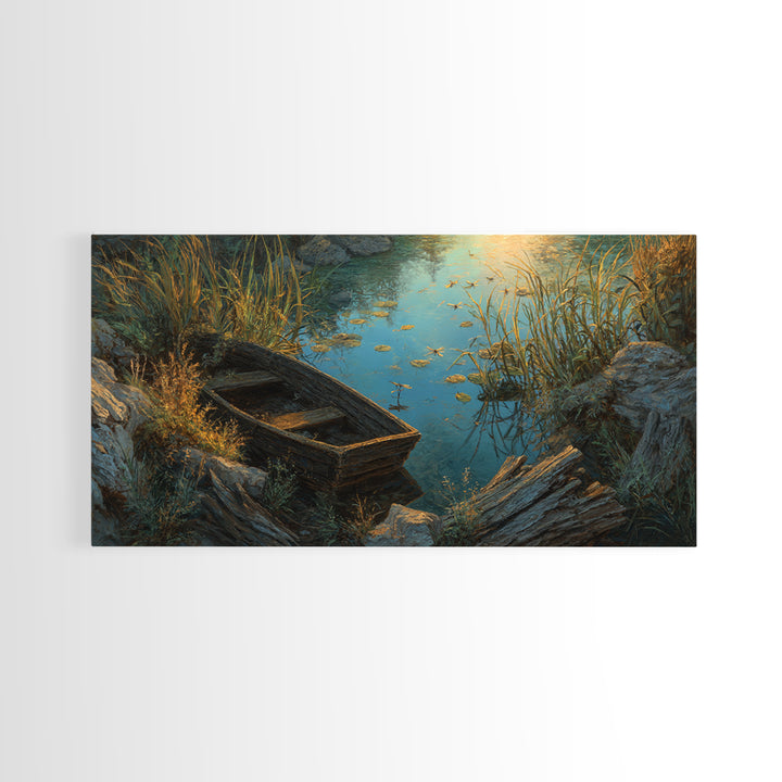 Rustic Oil Painting Capturing Quiet Lakeside With Old Wooden Boat Among Calm Water And Rocks Serene Nature Wall Art For Home Decor Framed Canvas Print
