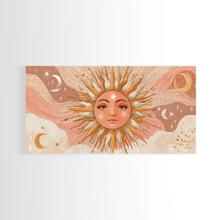 Boho Sun Face Wall Art, Celestial Moon And Stars Illustration, Terracotta Mystical Decor, Whimsical Nursery Art Print Gift