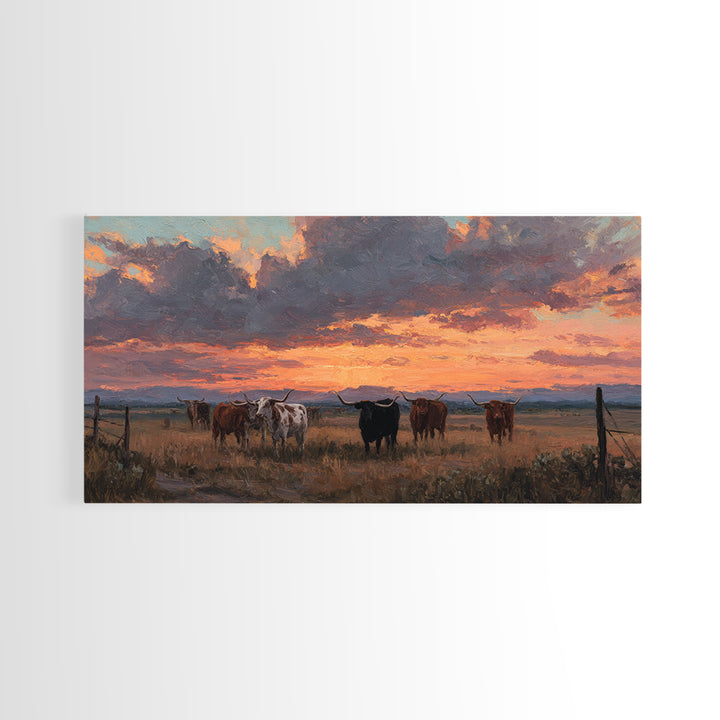 Dramatic Sunset Over Cattle Ranch With Vibrant Sky And Silhouetted Herd Canvas Print Large Wall Art For Rustic Decor