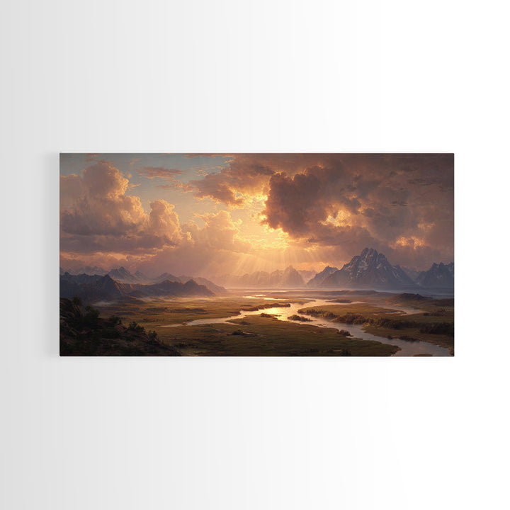 Sunset Mountain River Landscape Wall Art With Warm Golden Light Rays Illuminating Nature For Rustic Home Decor And Large Canvas Print