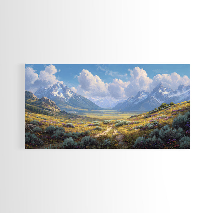 Stunning Realistic Mountain Landscape Painting Canvas Print Featuring Wildflowers And Blue Sky Large Wall Art For Living Room Decor