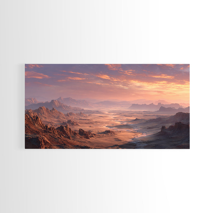 Expansive Desert Canyon Landscape With Warm Sunset Glow Moody Wall Art Framed Canvas Print Suitable For Living Room Decor