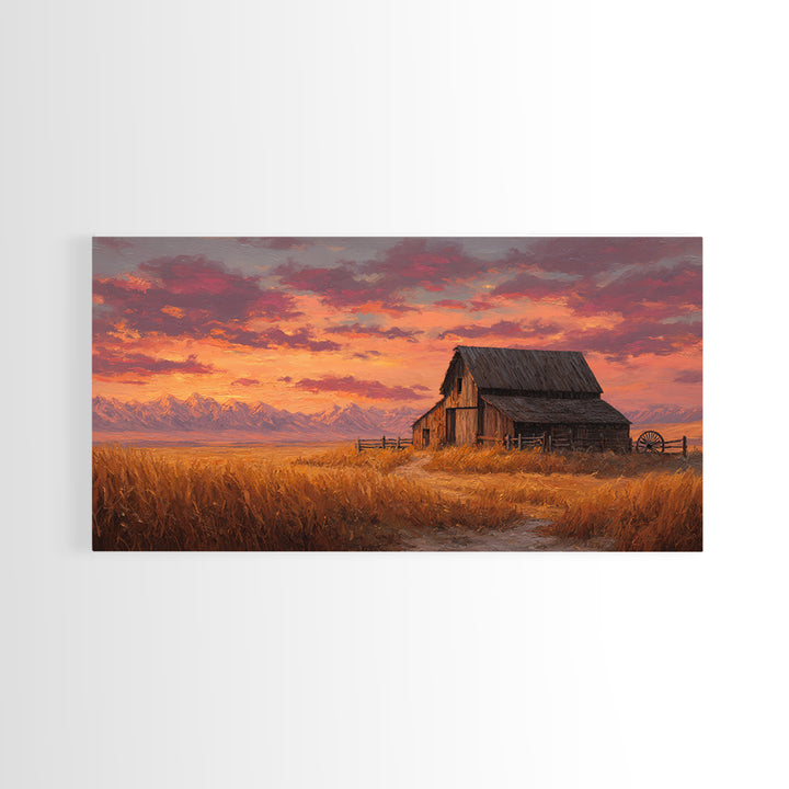 Rustic Old Wooden Barn With Wheat Field Landscape Rustic Wall Art Painted Canvas Print Farmhouse Decor Framed Wall Art