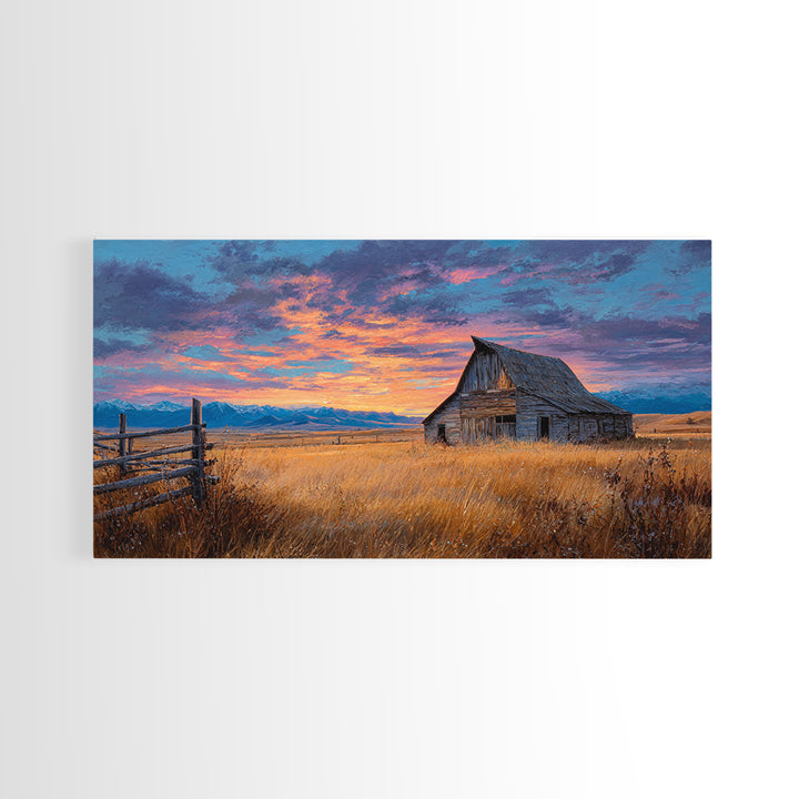 Rustic Barn Landscape Oil Painting With Golden Field And Mountain Background, Large Wall Art Canvas Print For Farmhouse Decor