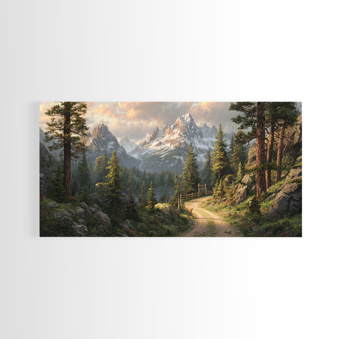 Majestic Mountain Path With Lush Pine Trees Wall Art Framed Canvas Print Landscape Painting For Rustic Home Decor Cabin Art