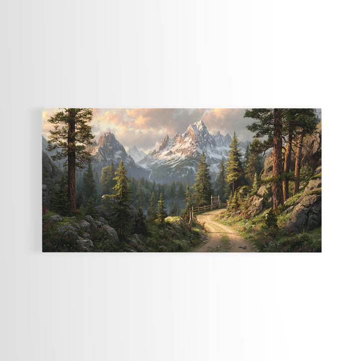 Majestic Mountain Path With Lush Pine Trees Wall Art Framed Canvas Print Landscape Painting For Rustic Home Decor Cabin Art