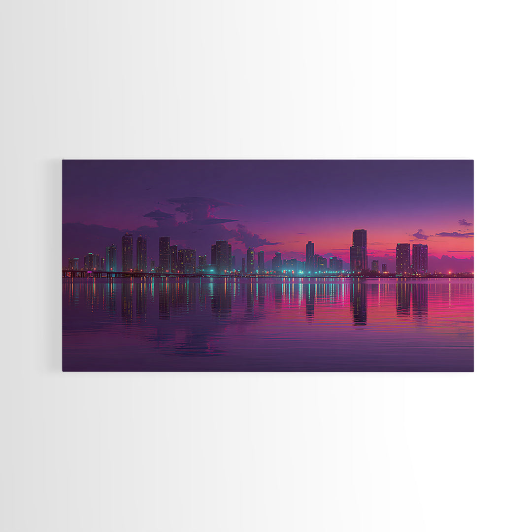 City Skyline At Dusk Stunning Sunset Colors Reflecting On Water Large Wall Art Framed Canvas Print Home Decor