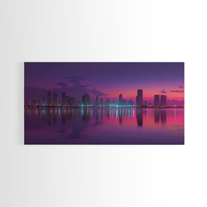City Skyline At Dusk Stunning Sunset Colors Reflecting On Water Large Wall Art Framed Canvas Print Home Decor