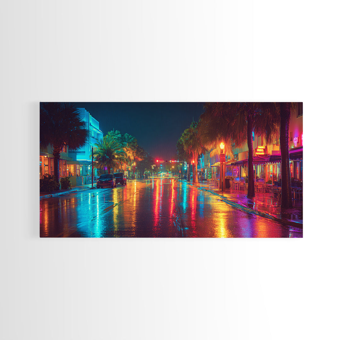 Colorful Night City Street With Neon Lights And Reflections On Wet Pavement Modern Wall Art Print Canvas