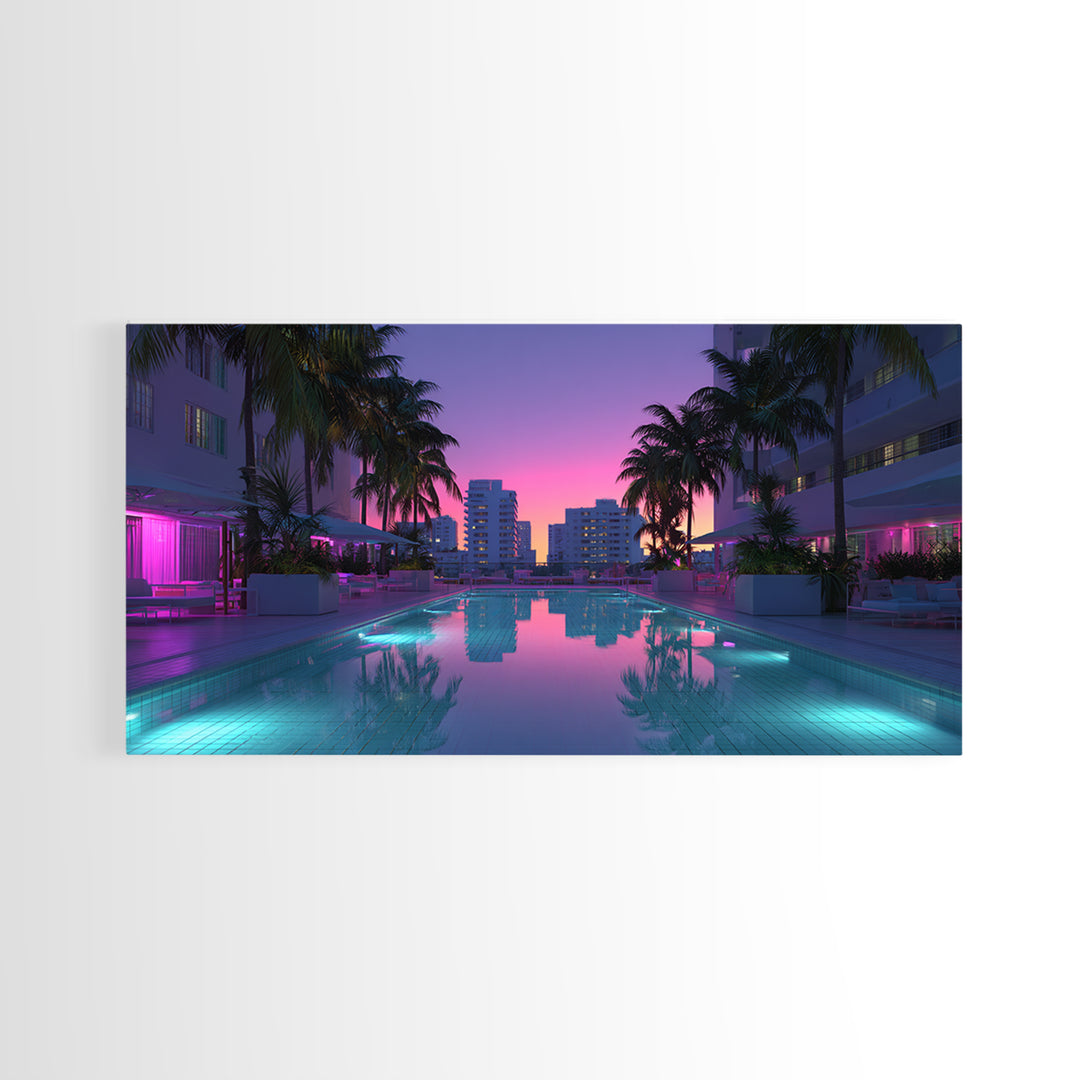 Luxury Modern Miami City Pool Sunset Palm Trees Reflected In Water For Chic Living Room Decor Framed Canvas Print