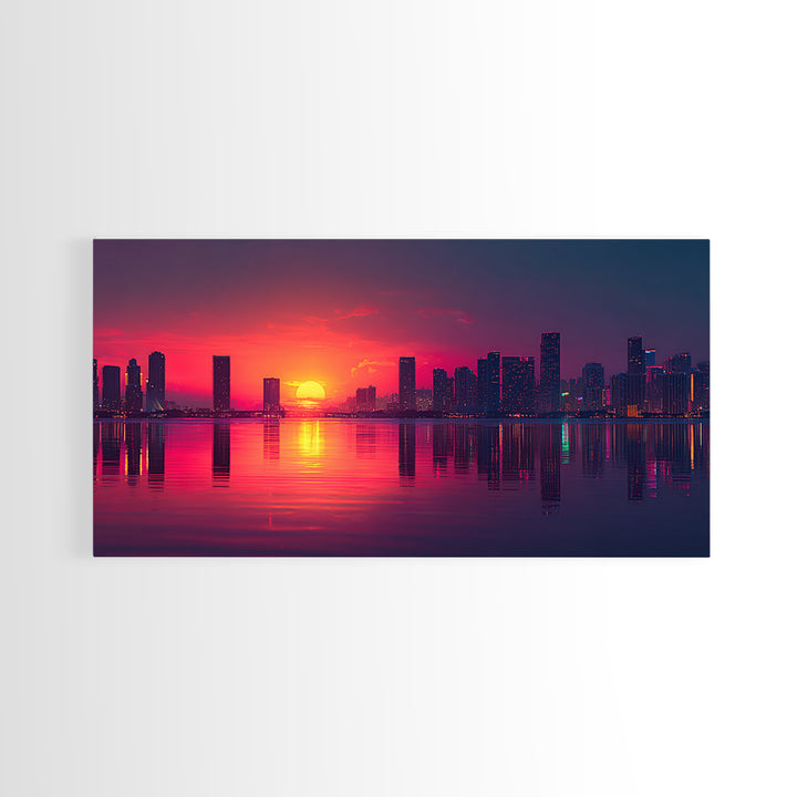 Vibrant Sunset Over City Skyline Reflected On Water Contemporary Wall Art For Living Room Decor Framed Canvas Print With Modern Home Decor Appeal