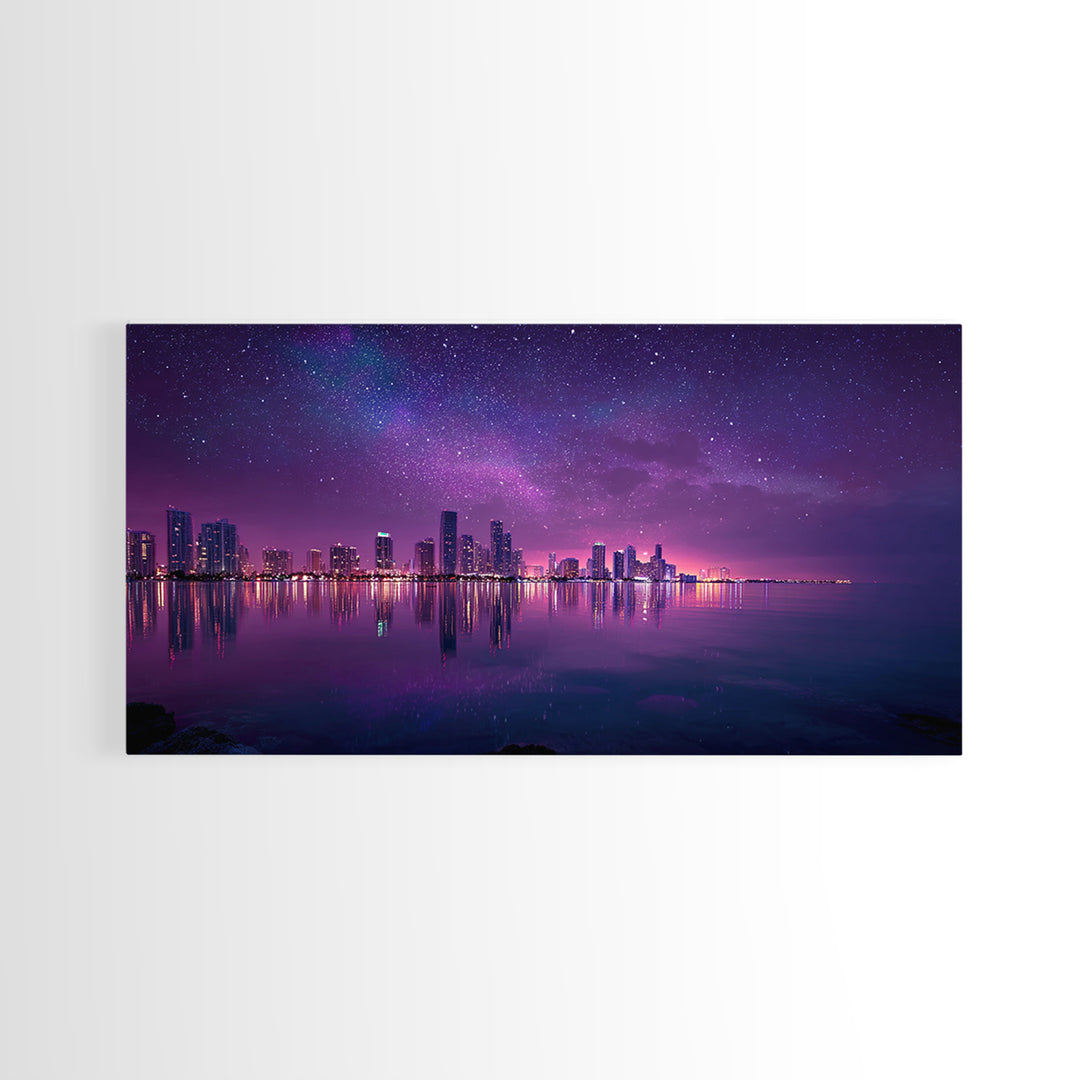 Vibrant Neon Purple City Skyline At Night With Starry Sky Reflections Wall Art Modern Wall Decor Canvas Print