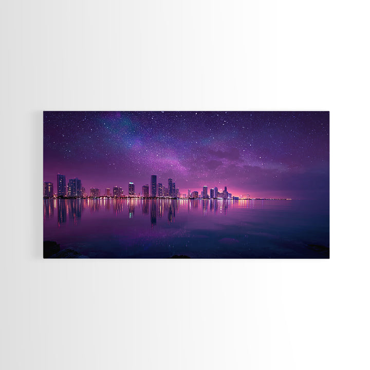Vibrant Neon Purple City Skyline At Night With Starry Sky Reflections Wall Art Modern Wall Decor Canvas Print