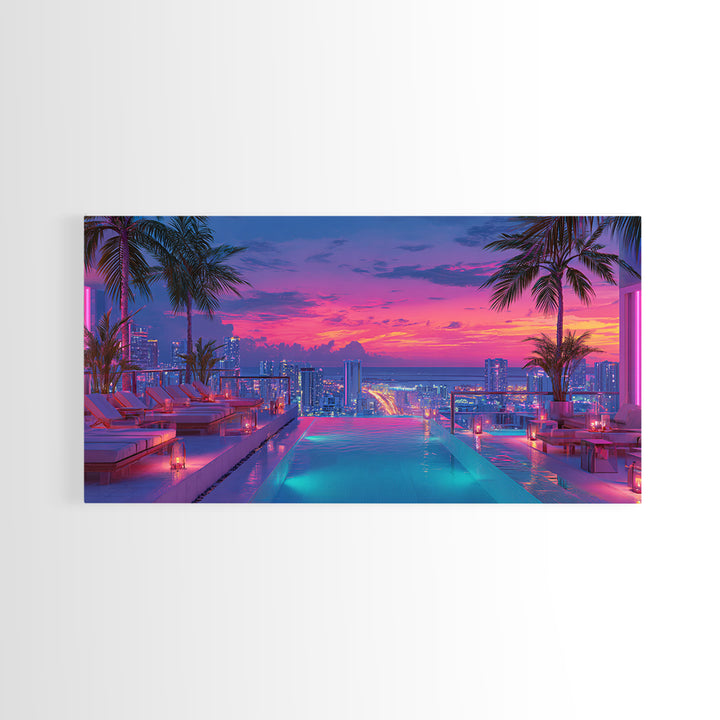 Vibrant Sunset Rooftop Pool Scene With Palm Trees And Cityscape Background Wall Art For Home Decor Framed Canvas Print
