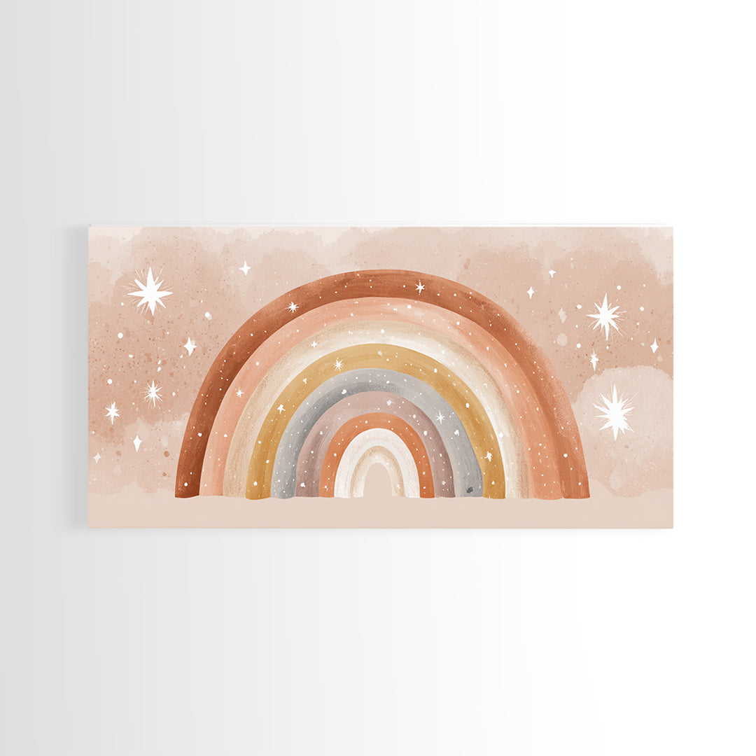Starry Watercolor Rainbow Wall Art, Pastel Nursery Decor, Kids Room Wall Art, Boho Prints, Baby Shower Gift, Framed Canvas Print