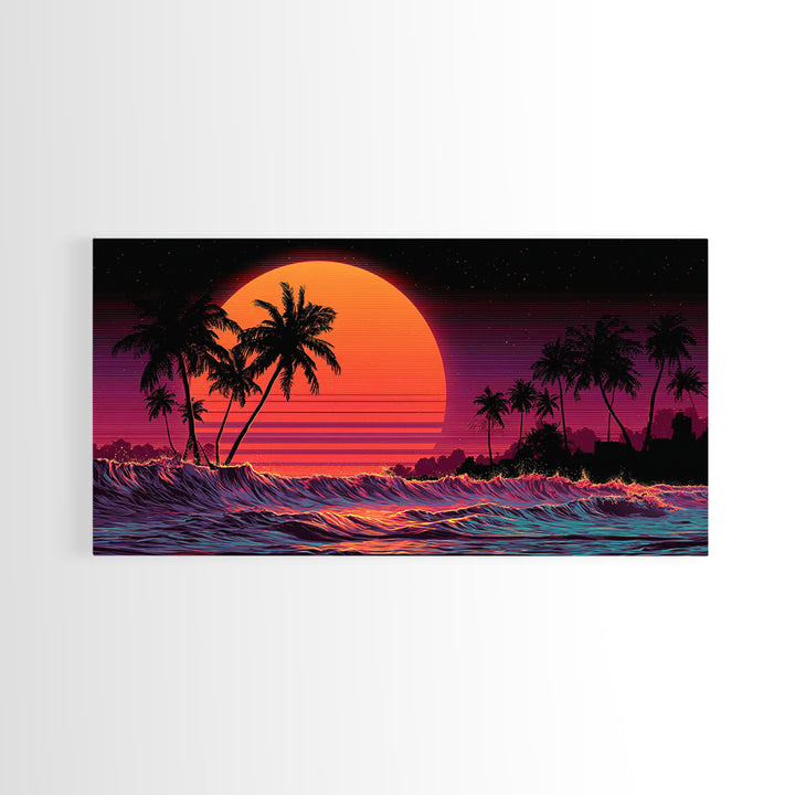 Retro Sunset Palm Trees Digital Art Canvas Print Wall Art Living Room Decor Tropical Beach Scene Large Framed Canvas Print Home Decor