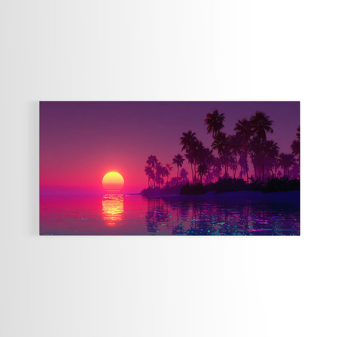 Tropical Sunset Beach Scene With Palm Trees Framed Canvas Print, Vibrant Coastal Wall Art For Living Room And Tropical Home Decor