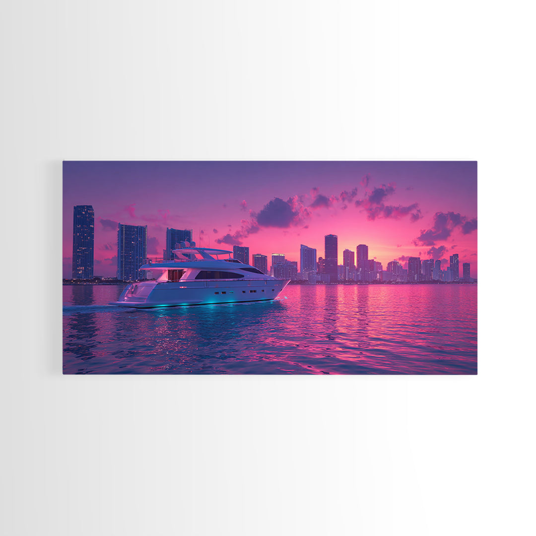 Luxury Yacht Sailing At Vibrant Pink Sunset Skyline With Modern Cityscape Featured As Wall Art For Home Decor