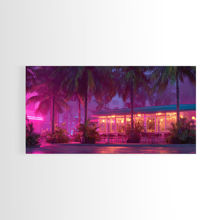 Vibrant Neon Lit Tropical Cafe At Night Palm Trees Retro Miami Style Wall Art Prints For Home Decor