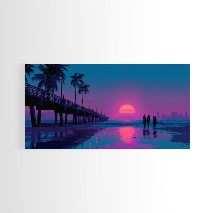Vibrant Neon Sunset Beach Scene With Silhouettes Of People Framed Canvas Print Coastal Wall Art For Modern Living Room And Bedroom Decor
