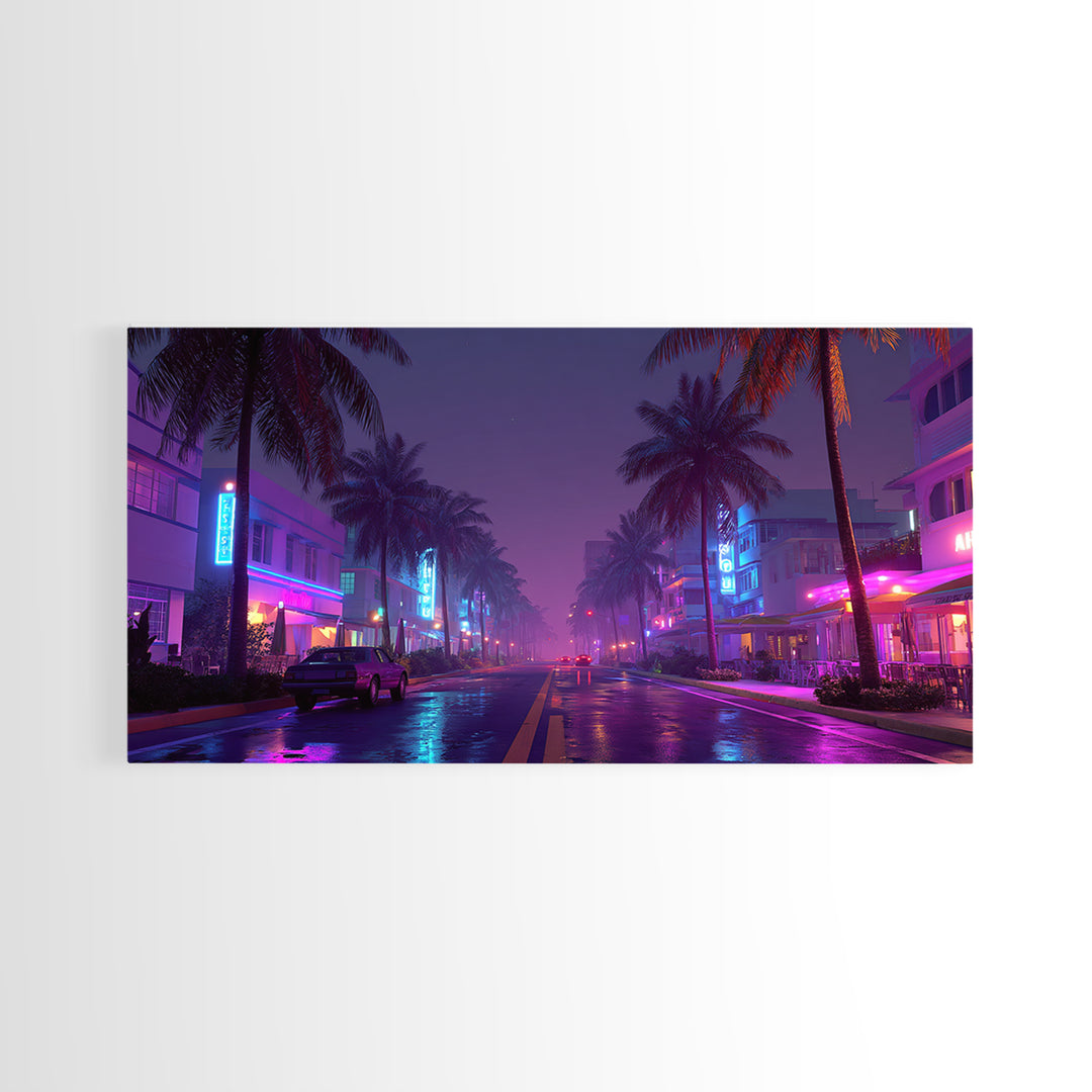 Night City Street Scene With Neon Lights And Palm Trees, Framed Canvas Print For Retro Wall Art And Miami Home Decor