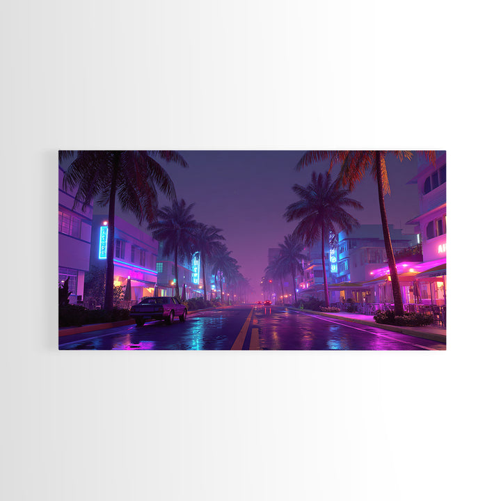 Night City Street Scene With Neon Lights And Palm Trees, Framed Canvas Print For Retro Wall Art And Miami Home Decor