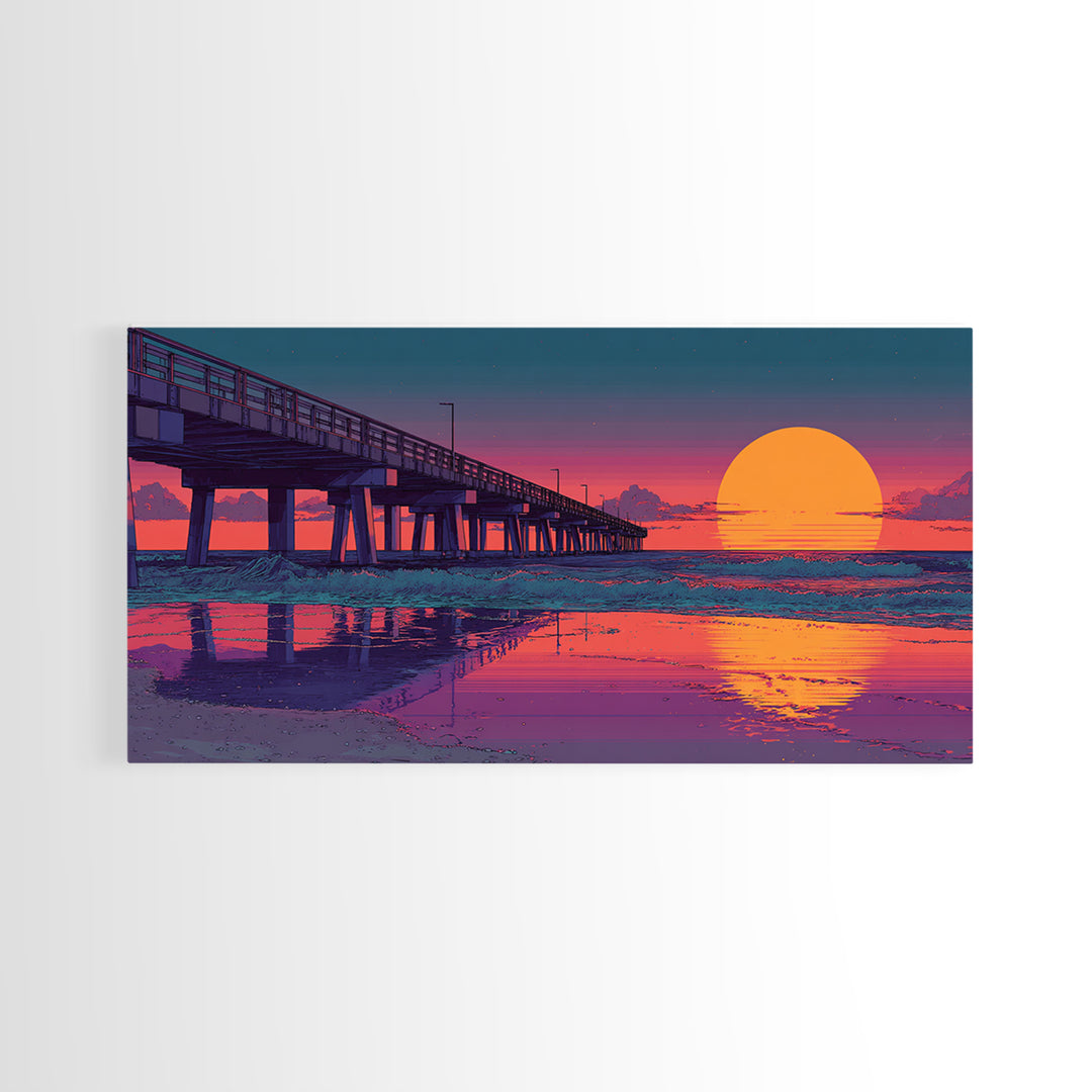 Sunset Pier Over Calm Ocean Waves Vibrant Pink Purple Beach Scene Wall Art Framed Canvas Print Coastal Home Decor