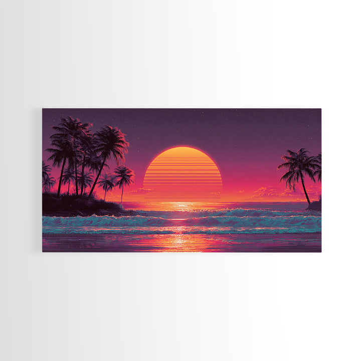 Vibrant Retro Sunset Tropical Beach Scene Digital Art Print Wall Art Framed Canvas Print Coastal Home Decor