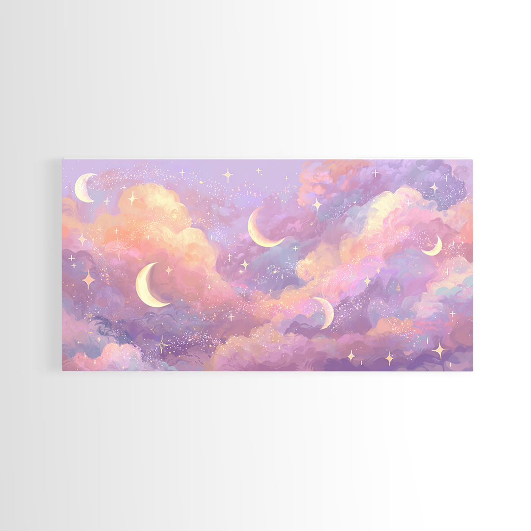 Pastel Crescent Moon Cloud Wall Art, Celestial Wall Art, Dreamy Nursery Decor, Whimsical Decor, Pink Bedroom Art, Canvas Print
