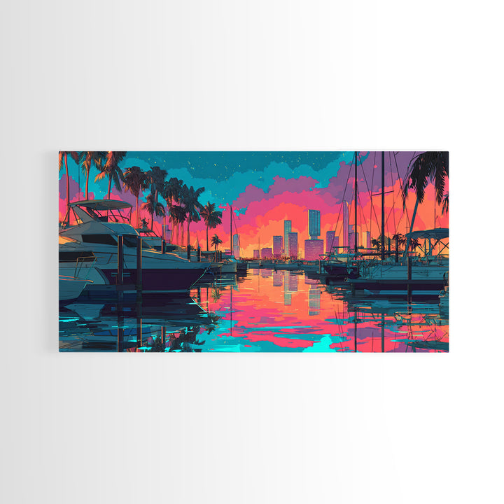 Colorful Harbor Scene With Boats Palm Trees And Sunset Sky Vibrant Contemporary Wall Art Canvas Print