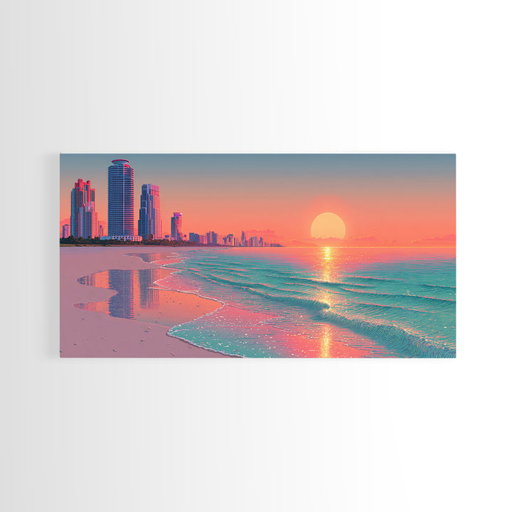 Vibrant Sunset Over Modern Coastal City Beach With Reflective Waves Wall Art Framed Canvas Print For Home Decor