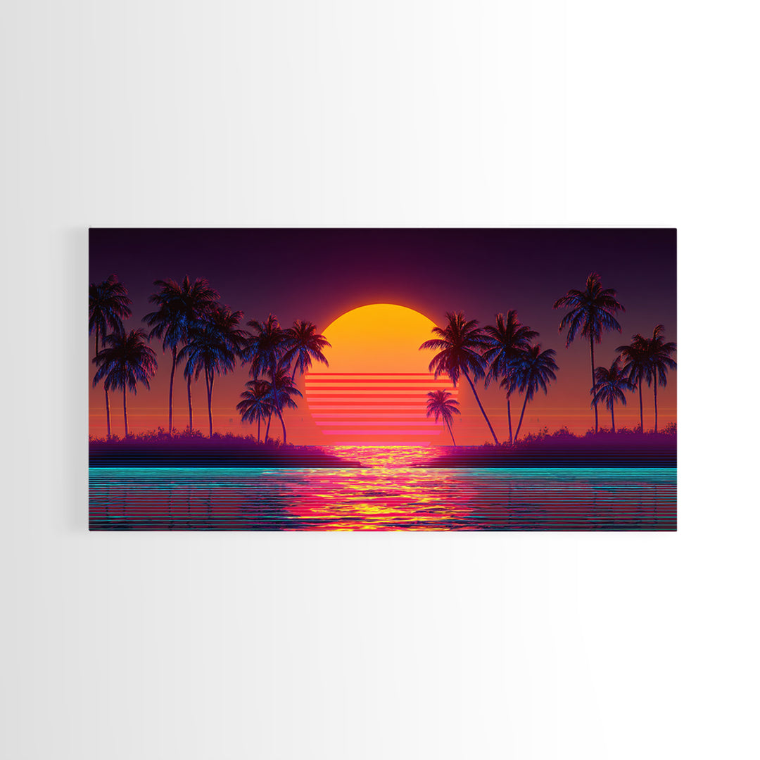 Retro Sunset Beach Palm Trees Digital Art Print Vibrant Coastal Wall Art Canvas Print Modern Boho Decor