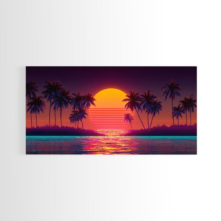Retro Sunset Beach Palm Trees Digital Art Print Vibrant Coastal Wall Art Canvas Print Modern Boho Decor