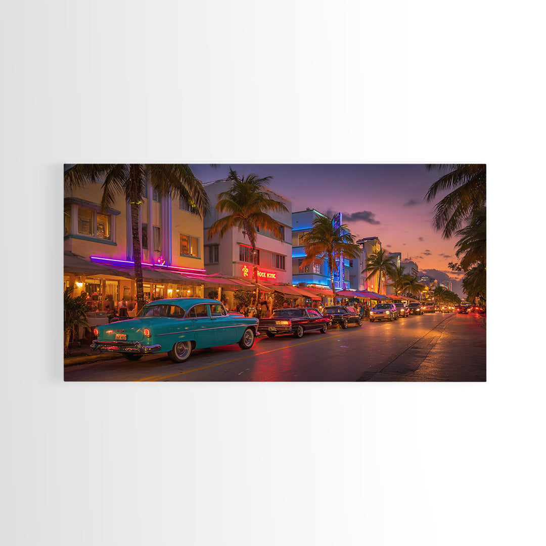 Vintage Urban Miami Beach Scene At Sunset With Classic Cars And Palm Trees Wall Art Canvas Print