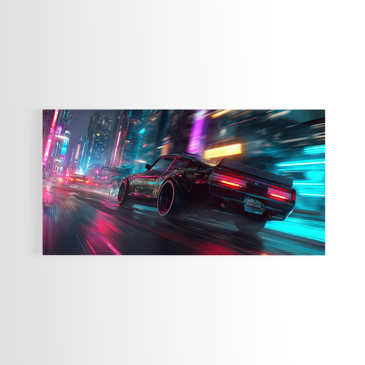 Neon Lit Sports Car Racing Down City Street At Night Featuring Vibrant Pink And Blue Modern Wall Art For Car Fans