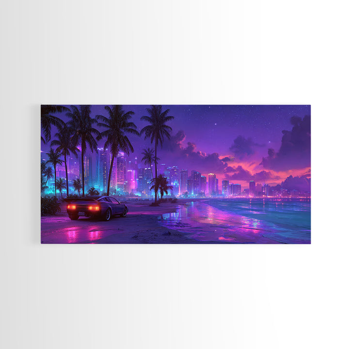 Cyberpunk Cityscape Night Scene With Neon Lights And Sports Car Modern Digital Art Canvas Print For Trendy Wall Art Home Decor