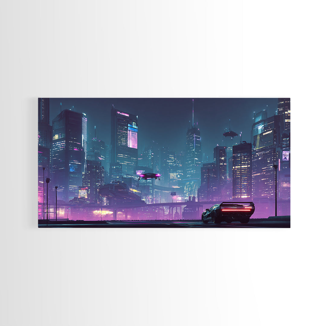 Futuristic Cyberpunk Cityscape At Night With Neon Lights And Hover Cars Wall Art, Vibrant Canvas Print For Modern Living Room Decor