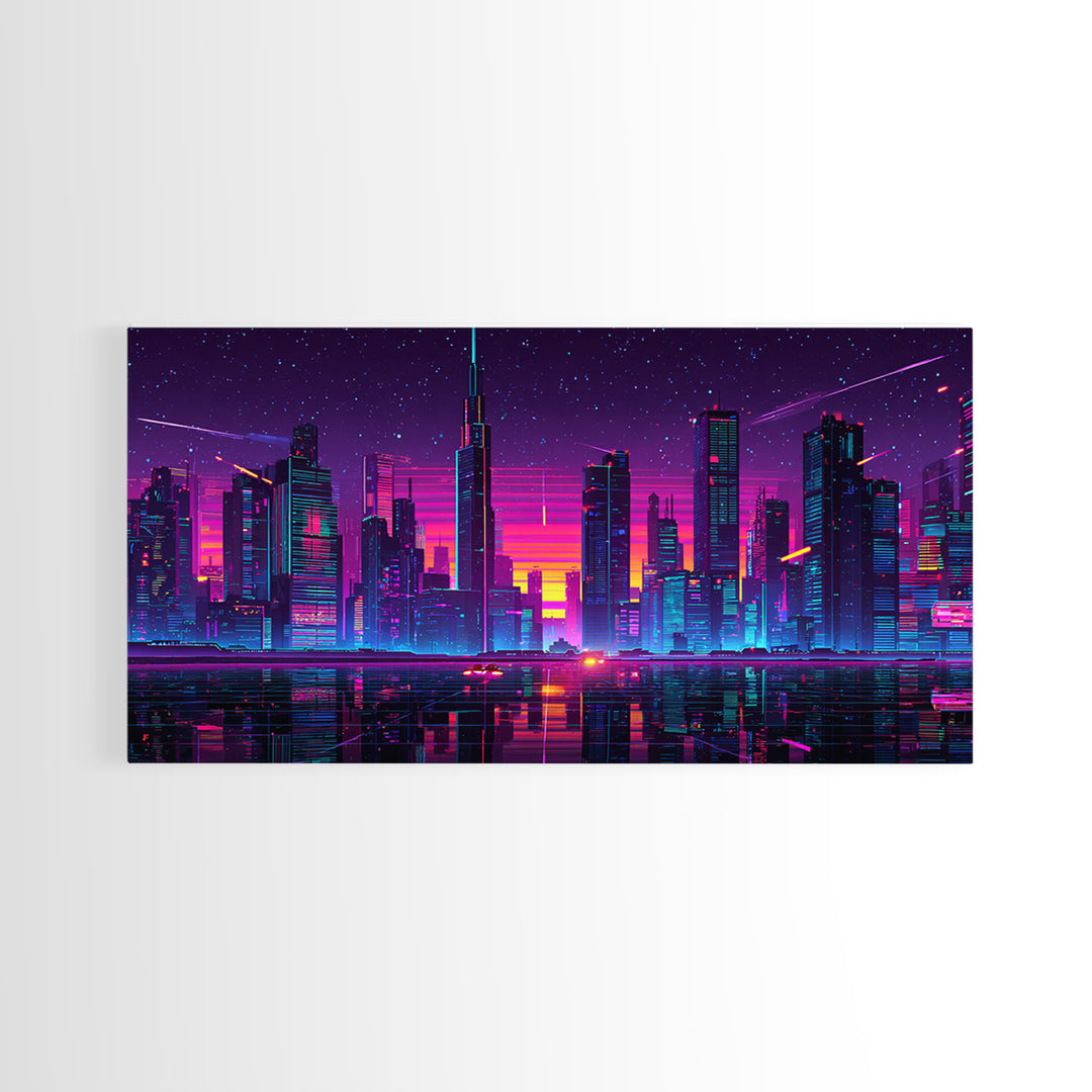 Vibrant Neon Cityscape With Reflective River And Pink Purple Sky Canvas Print Modern Urban Wall Art
