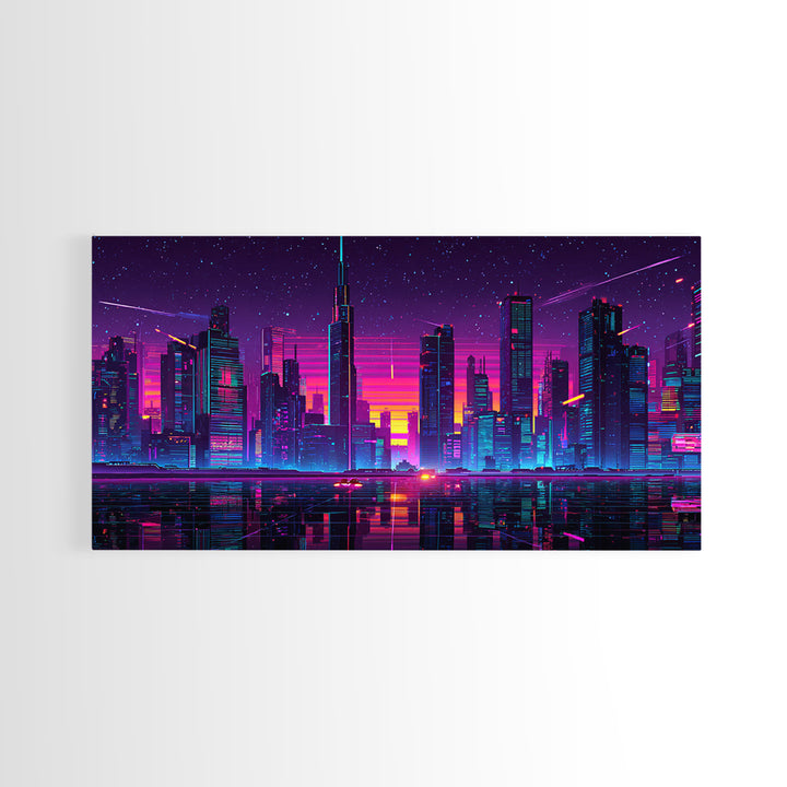 Vibrant Neon Cityscape With Reflective River And Pink Purple Sky Canvas Print Modern Urban Wall Art