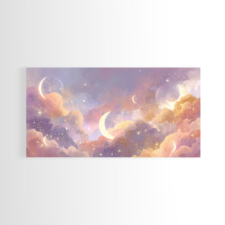 Glowing Crescent Moon Clouds Wall Art, Celestial Decor, Galaxy Art, Space Wall Art, Dreamy Bedroom Decor, Framed Canvas Print