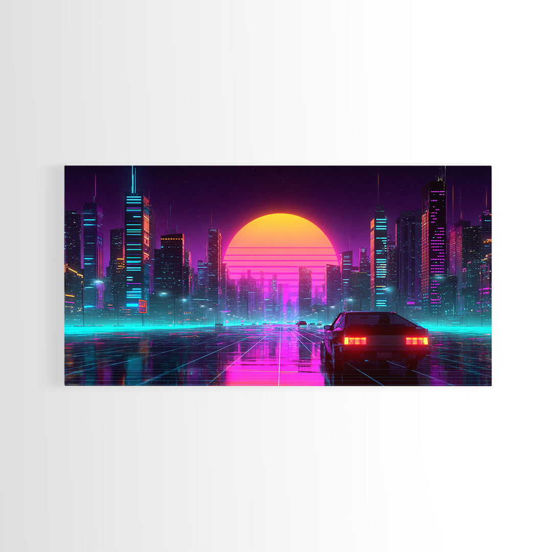 Vibrant Futuristic Cityscape Neon Lights Digital Artwork Modern Wall Art Canvas Print For Urban Living Room Decor