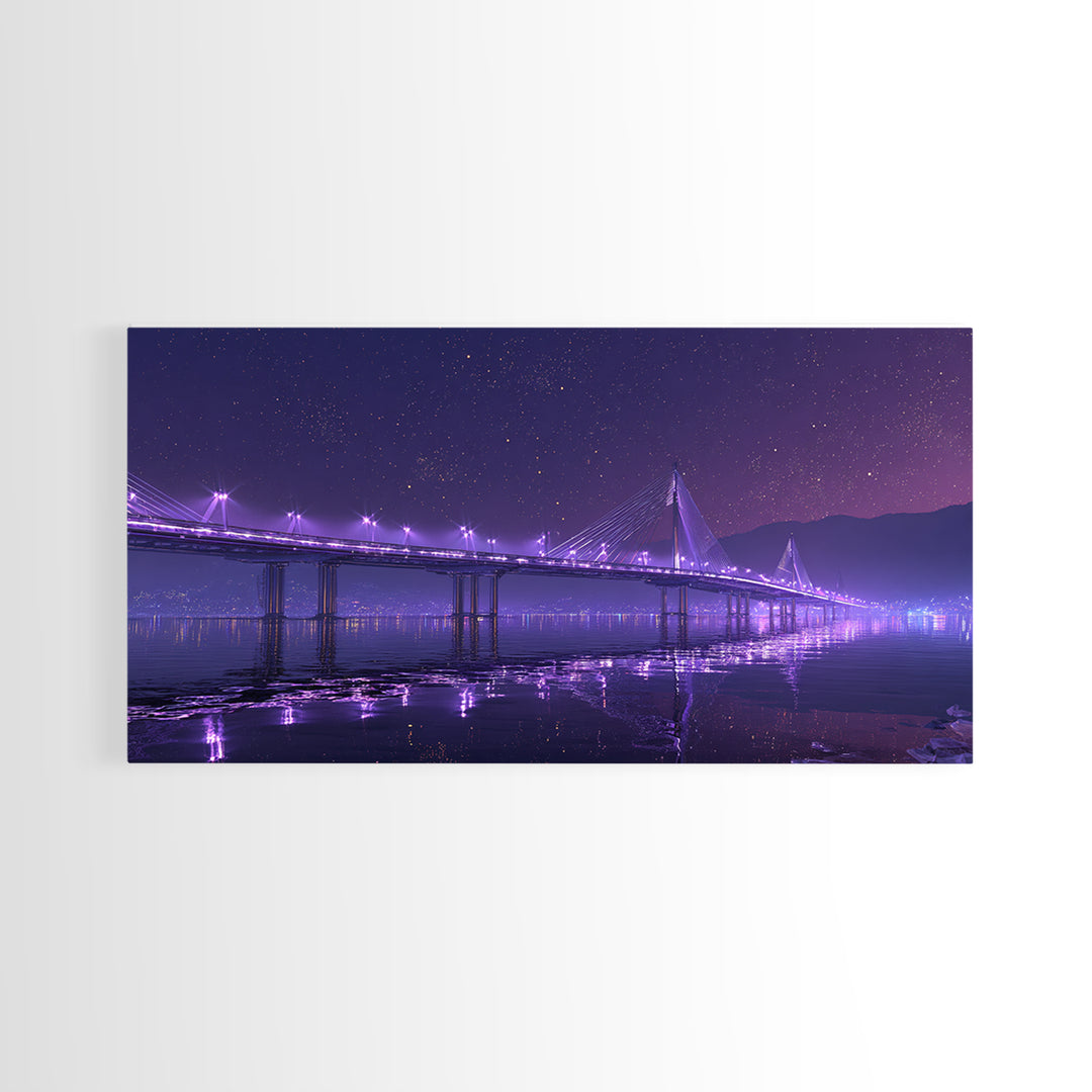 Nighttime Cityscape With Illuminated Bridge Over Waterstars Sky Reflections Beautiful Large Wall Art Framed Canvas Print