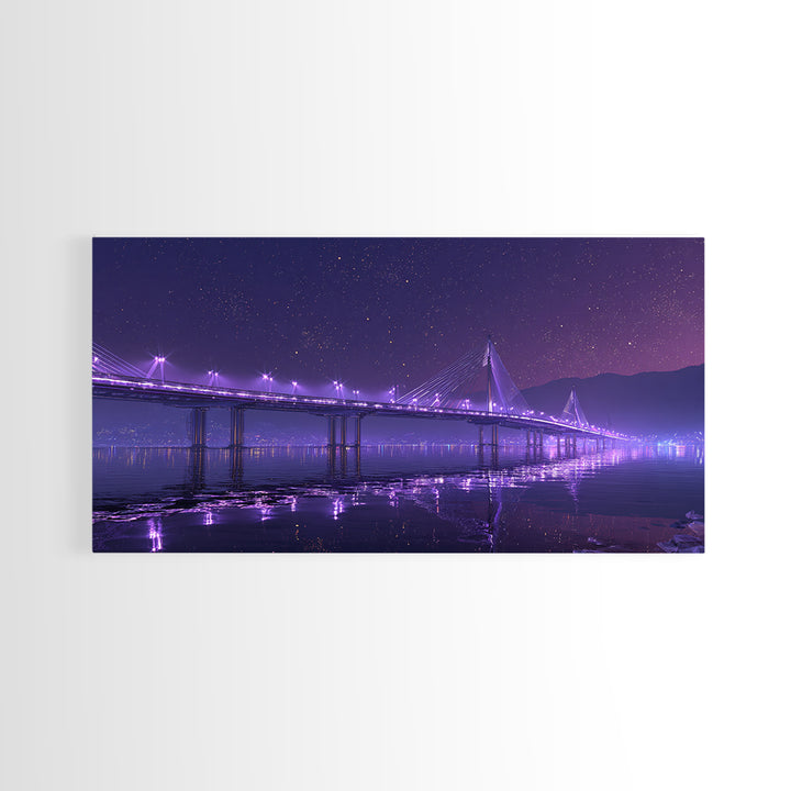 Nighttime Cityscape With Illuminated Bridge Over Waterstars Sky Reflections Beautiful Large Wall Art Framed Canvas Print