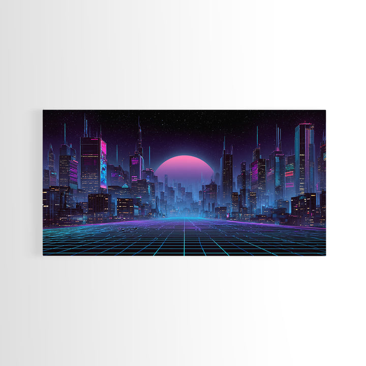 Cyberpunk Futuristic Cityscape Landscape With Neon Lights And Moon Framed Canvas Print For Modern Wall Art And Office Decor
