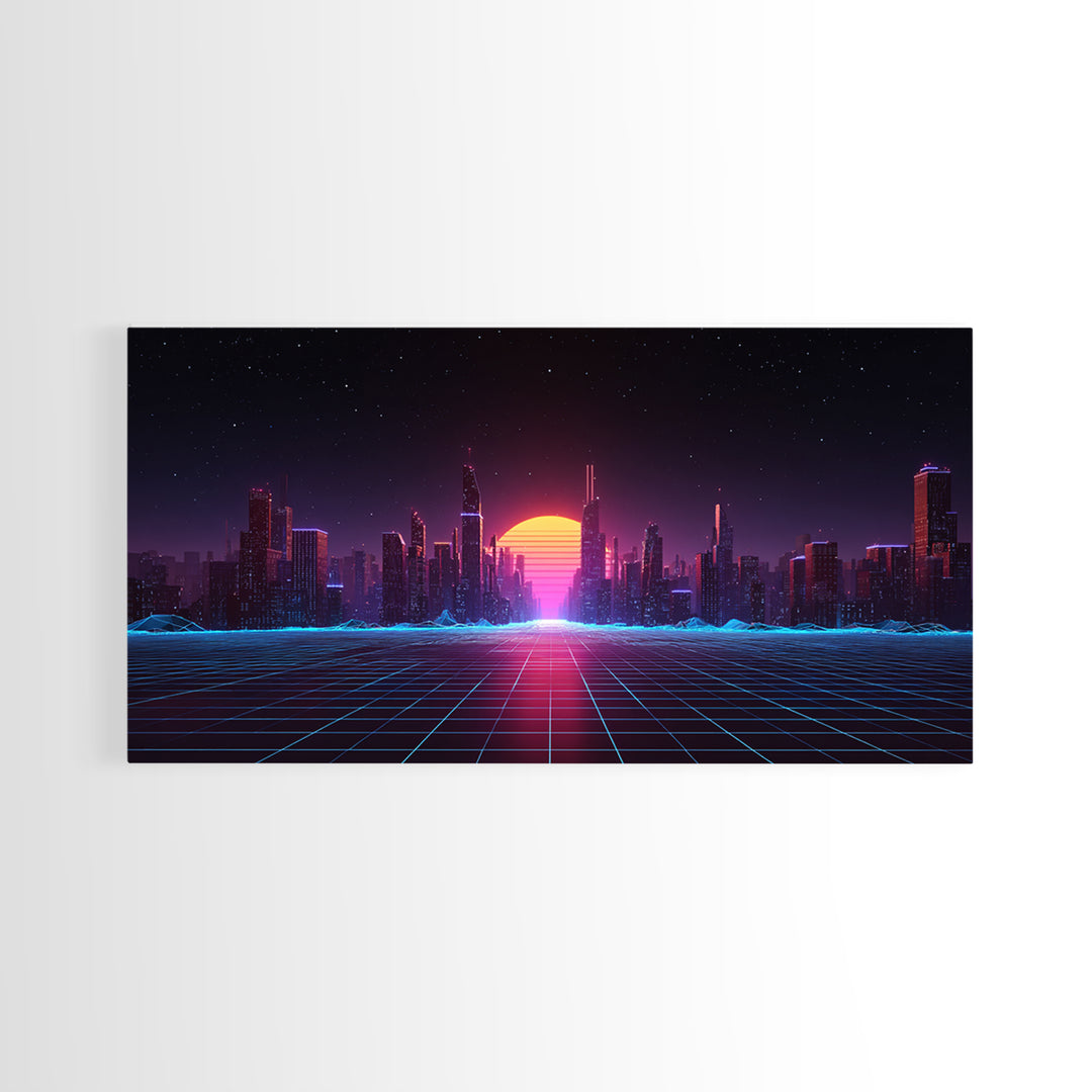 Futuristic Cyberpunk Neon City Digital Artwork With Vibrant Sunset And Grid-Like Road Abstract Sci-Fi Framed Canvas Print For Modern Wall Decor